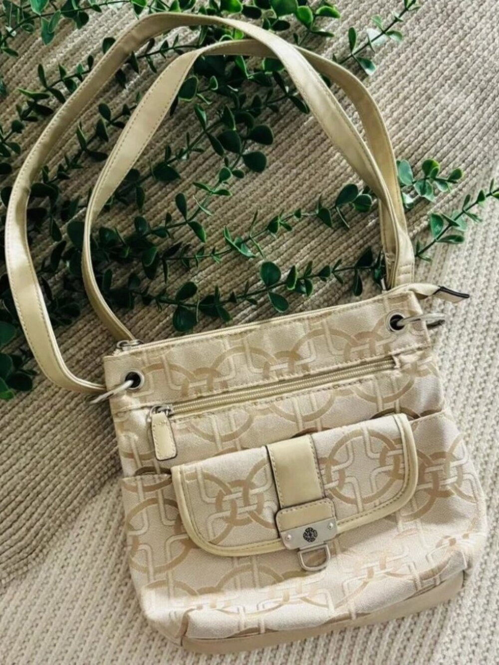 Treviso Neutral Geometric Canvas Crossbody Purse - Multi-Pocket Travel Bag